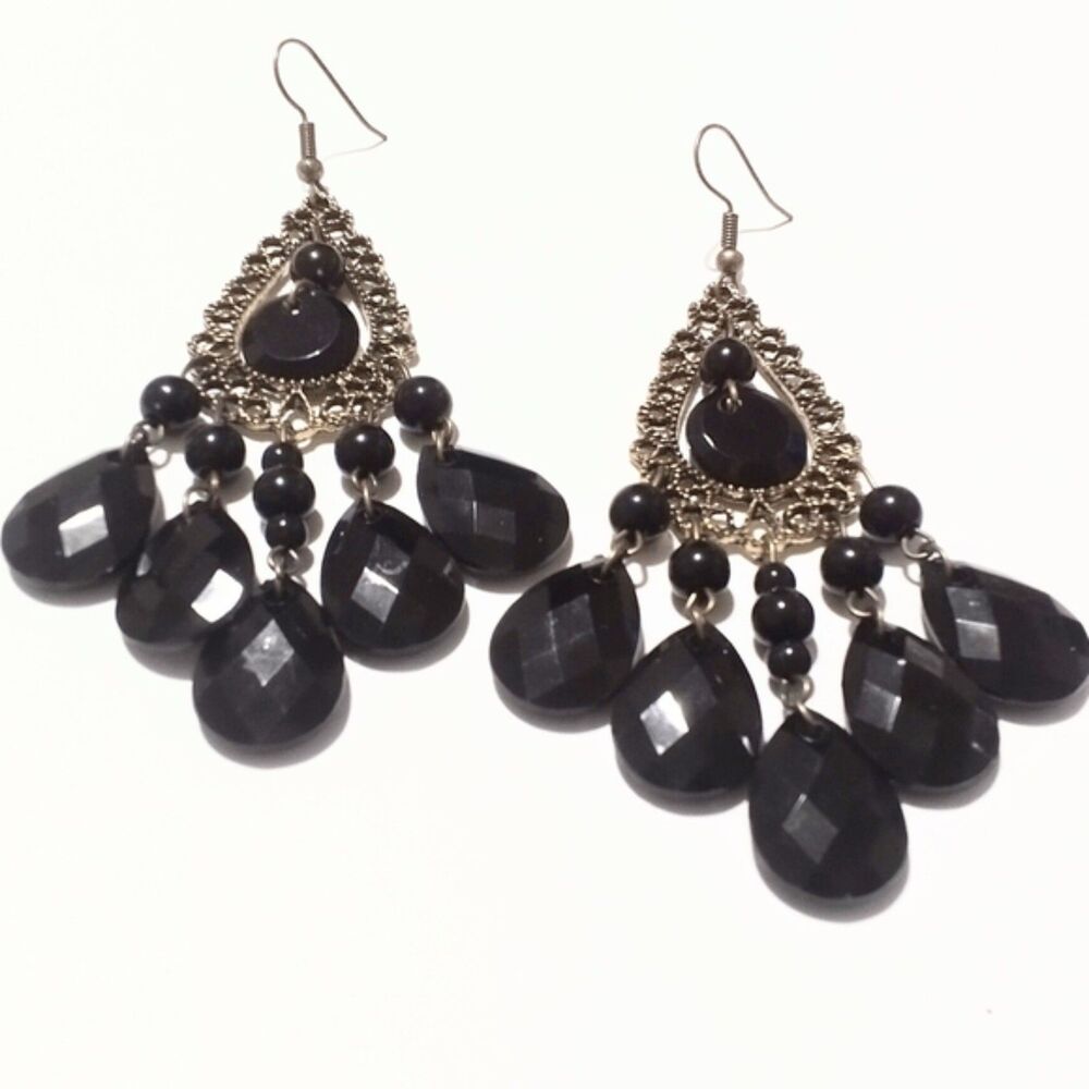 Gunmetal Silver Filigree and Black Bead Chandelier Earrings - Picture 5 of 8